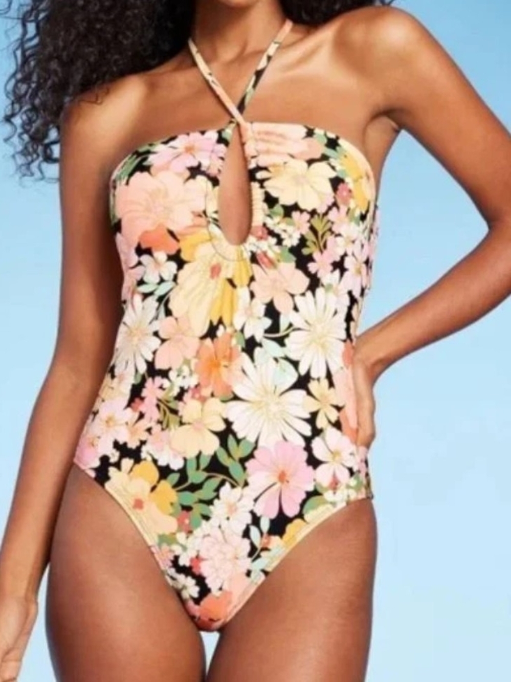 Shade And Shore Floral Halter One-Piece Swimsuit - Pink/Black